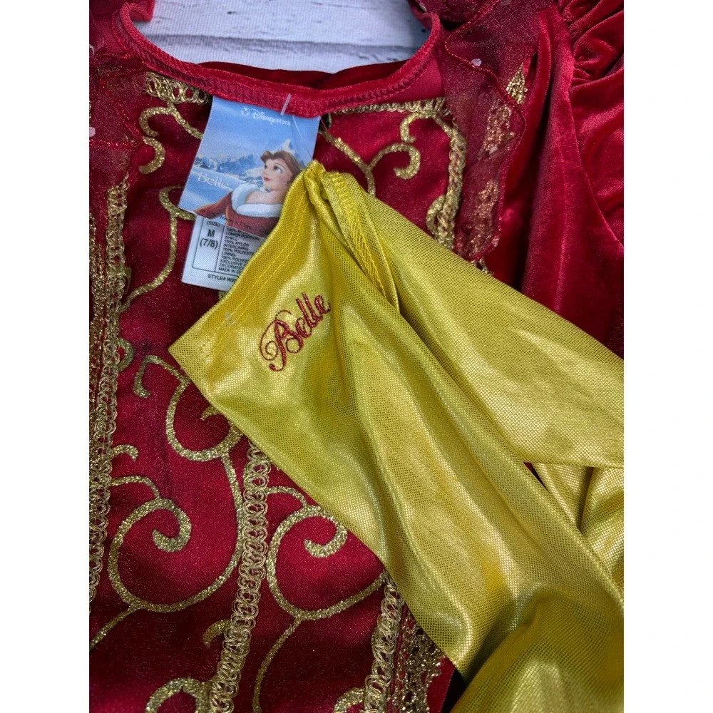 Disney Store Belle Winter Red Velvet Gold Lace Costume Dress Girls 7/8 Gloves